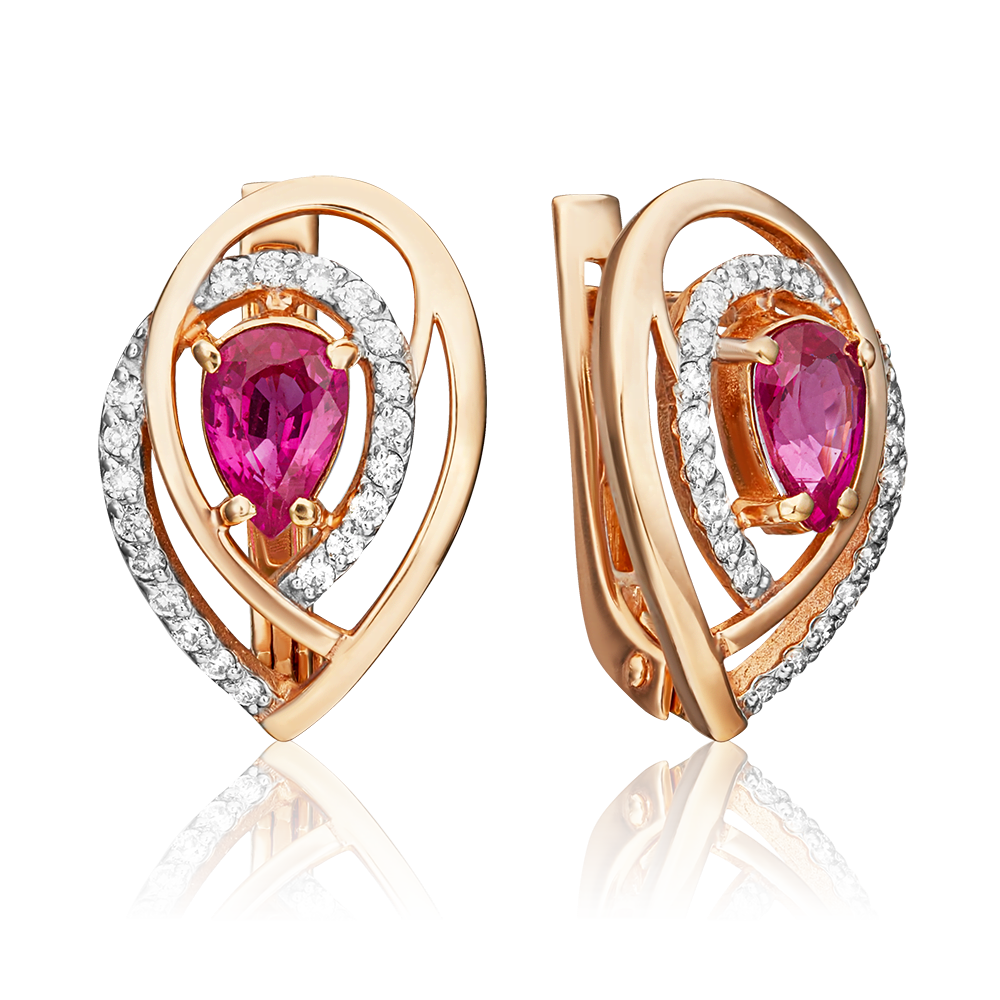 Серьги с английским замком из красного золота с рубином и бриллиантами 02-0100-00-107-1110-30