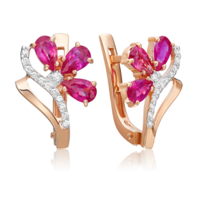 Серьги с английским замком из красного золота с рубинами и бриллиантами