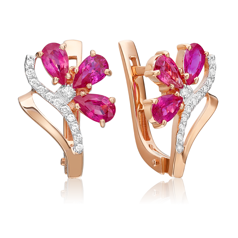 Серьги с английским замком из красного золота с рубинами и бриллиантами 02-0102-00-107-1110-30
