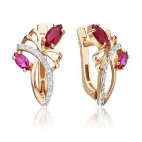 Серьги с английским замком из красного золота с рубинами и бриллиантами