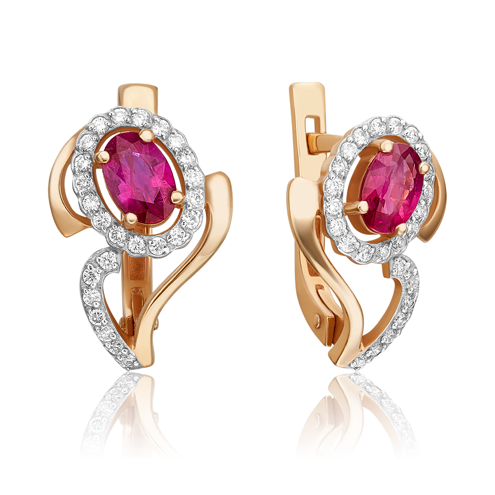 Серьги с английским замком из красного золота с рубином и бриллиантами 02-0165-00-104-1110-30