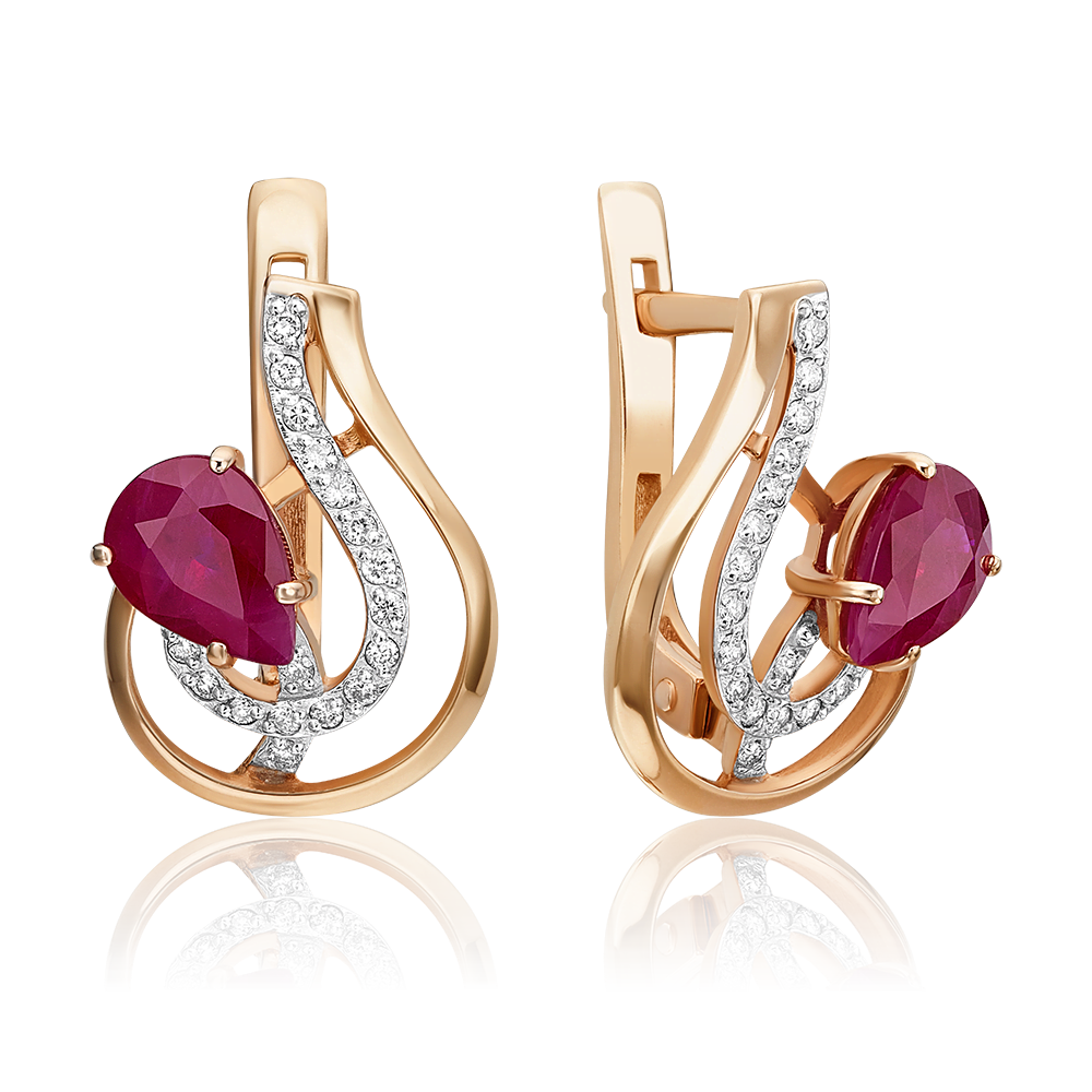 Серьги с английским замком из красного золота с рубином и бриллиантами 02-0169-00-107-1110-30