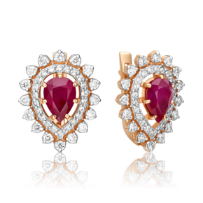 Серьги с английским замком из красного золота с рубином и бриллиантами