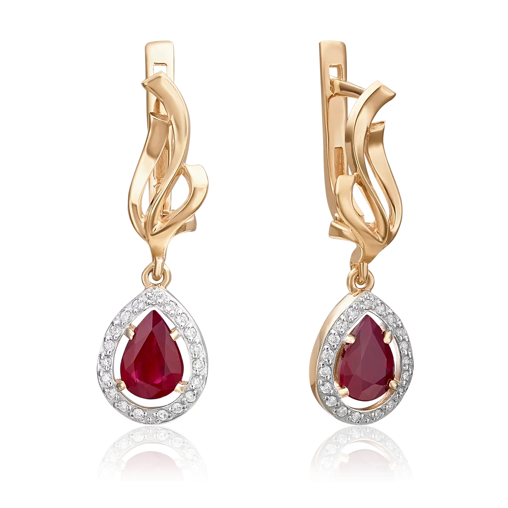 Серьги с английским замком из красного золота с рубином и бриллиантами 02-0181-00-107-1110-30
