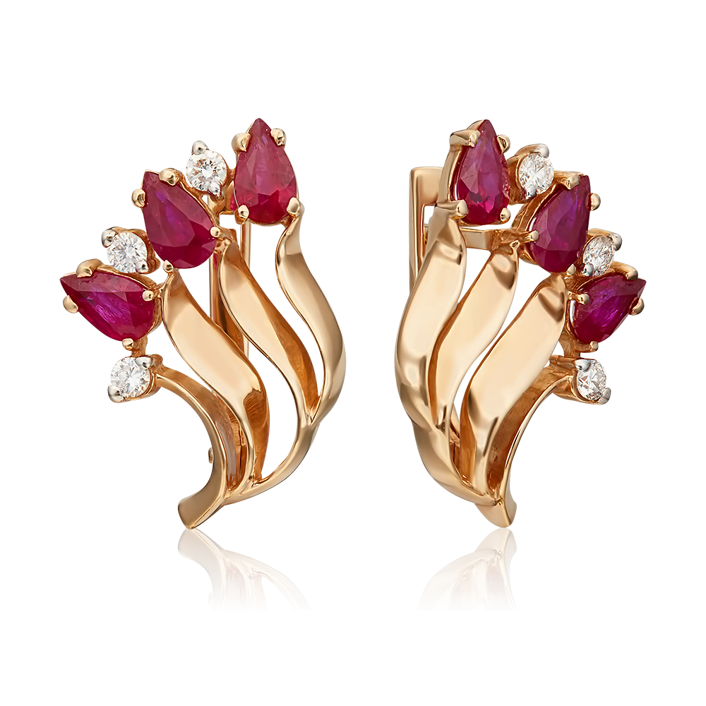 Серьги с английским замком из красного золота с рубинами и бриллиантами 02-0185-00-107-1110-30