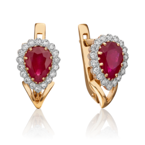 Серьги с английским замком из красного золота с рубином и бриллиантами
