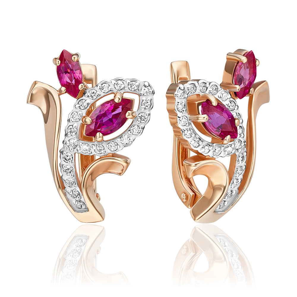 Серьги с английским замком из красного золота с рубинами и бриллиантами 02-0205-00-107-1110-30