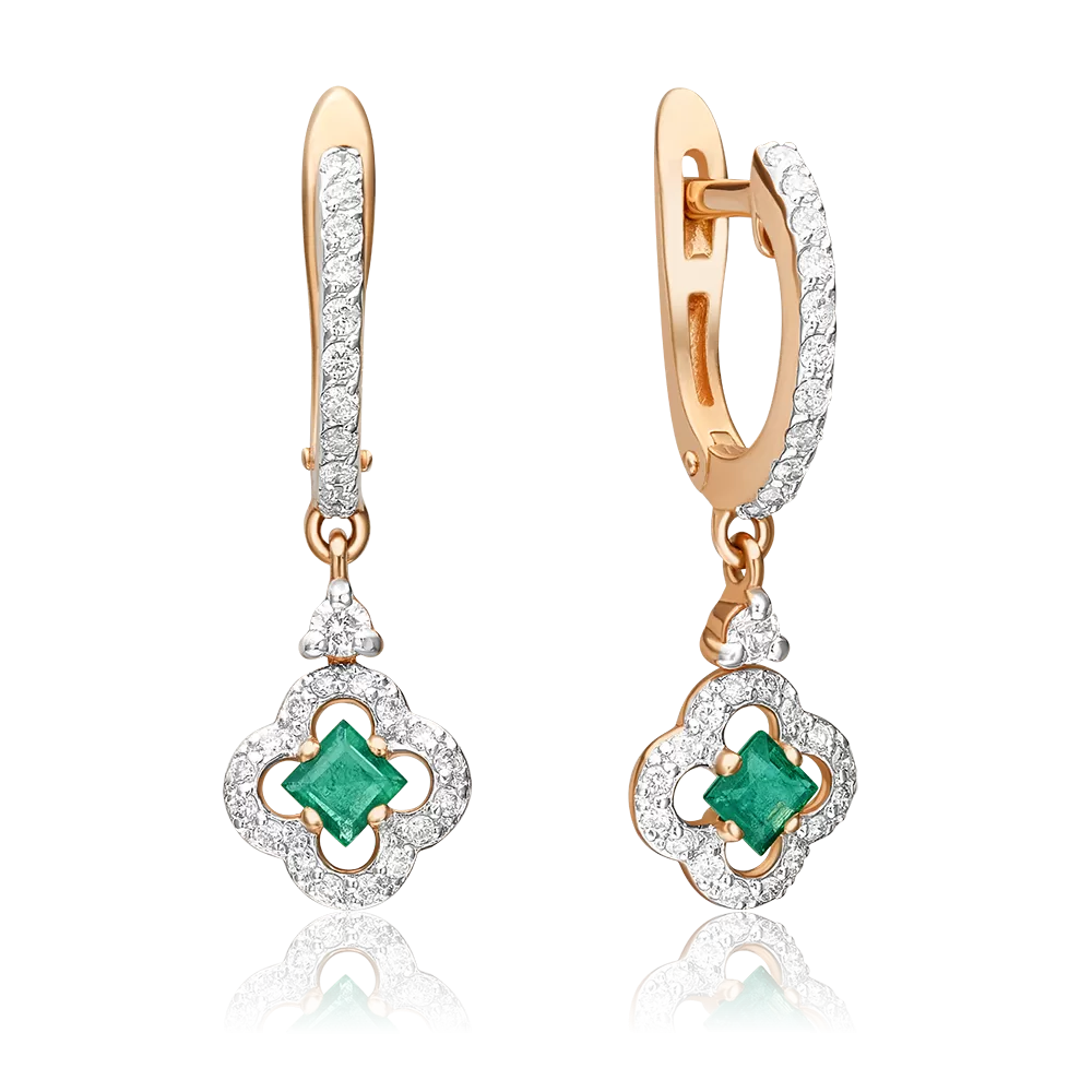 Серьги с английским замком из красного золота с изумрудом и бриллиантами 02-0901-00-106-1110-30