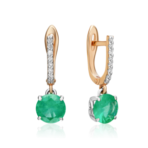 Серьги с английским замком из красного золота с изумрудом и бриллиантами