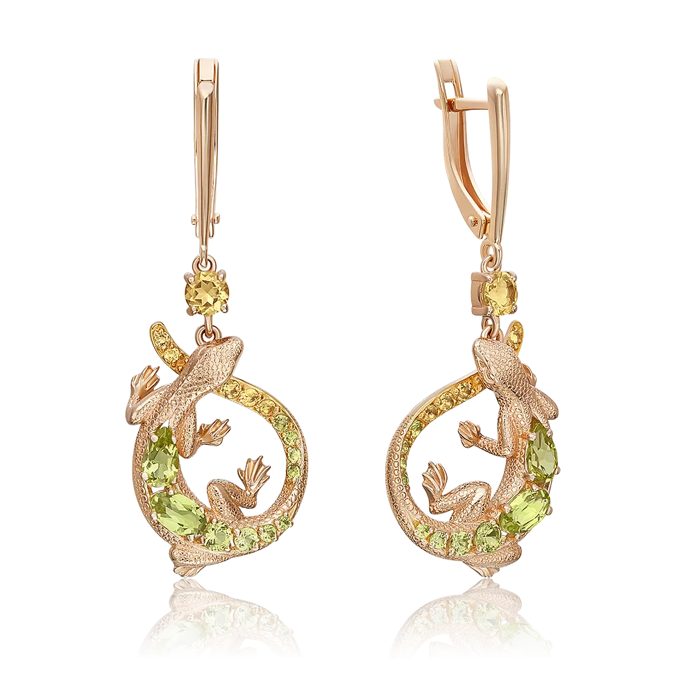 Серьги «Ящерицы» с английским замком из красного золота с хризолитами и цитринами 02-5288-00-235-1110