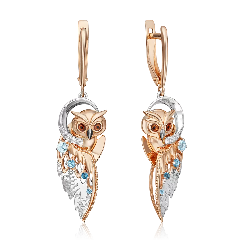 Серьги «Загадочность» с английским замком из комбинированного золота с топазами, натуральными топазами white и эмалью 02-4890-00-201-1111